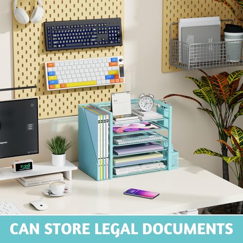 Simple Trending 6 Tier Desk File Organizer, Paper Letter Tray Organizer with File Holder and Pen Container, Blue - style: 6 Tier Blue-Pen Container