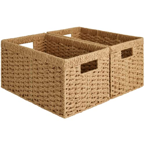 StorageWorks Round Paper Rope Storage Baskets, Rectangular Wicker Baskets with Built-in Handles, Medium, 13 ¼ x 8 ½ x 7 ¼ inches, 2-Pack - color: Light Brown (Paper Rope), size: 2x 13¼"L x 8¼"W x 7"H