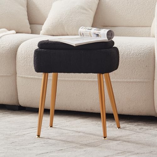 Updated Vanity Chair, Storage Ottoman with Folding Back & Gold-Toned Metal Legs, Ottoman Seat with Teddy Velvet for Dressing Room Living Room Bedroom, 16" x 12.5" Inch - color: Black, size: 16" x 12.5"