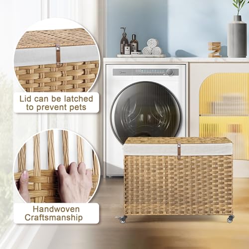 Rolling Storage Basket with Lid, 47.6 Gallon (180L) Storage Bin with Wheels, Woven Rattan Blanket Storage Basket with Handles, Foldable, Metal Frame, Removable Liner for Bedroom, Laundry Room, Natural - color: Natural