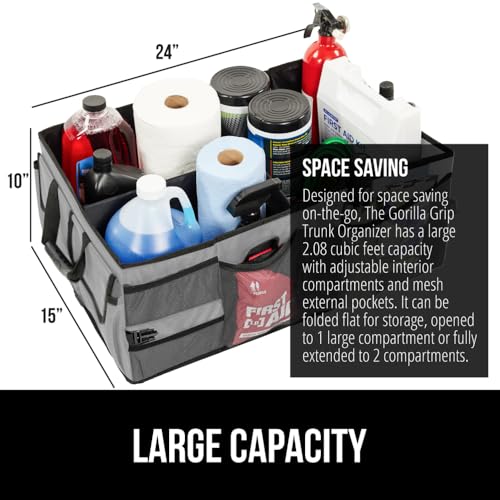 GORILLA GRIP Trunk Organizer for SUV and Cars, Large Capacity Collapsible Car Trunk Storage Organizer, Heavy Duty Car Accessories, Gifts for Mom and Dad, Slip & Water Resistant Multi Compartment Gray - color: Gray