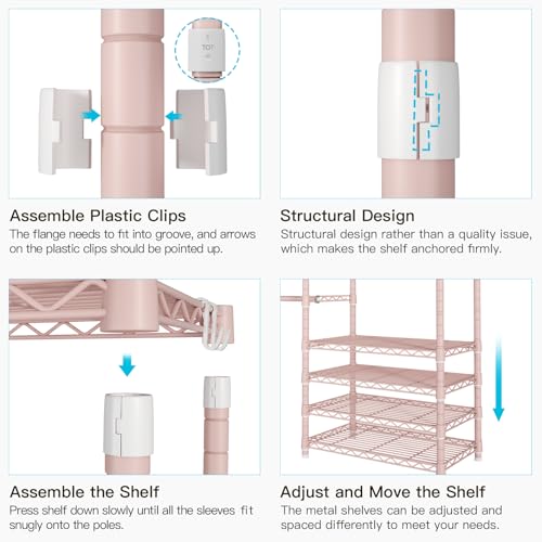 Ulif E1 Heavy Duty Closet Garment Rack, 6 Tiers Adjustable Metal Freestanding Expandable Clothing Storage with 4 Hanger Rods, Easy to Assemble Wardrobe, 71.4" H x (70" - 88.2") L x 14" D, Pink - color: Pink