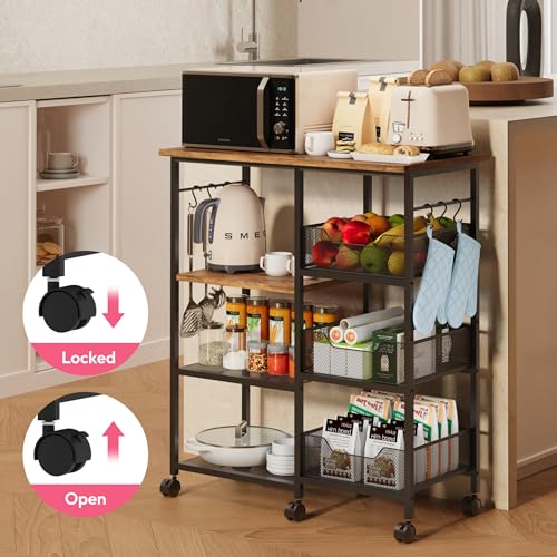 SWTYMIKI Kitchen Island Cart on Wheels - 28.35x14.57in Rolling Kitchen Table Cart with Storage Shelves, 6 Removable Hooks& Locking Casters, Coffee Bar Cabinet for Dining Room Pantry Office, Espresso - size: 28x14.57in, style: Espresso