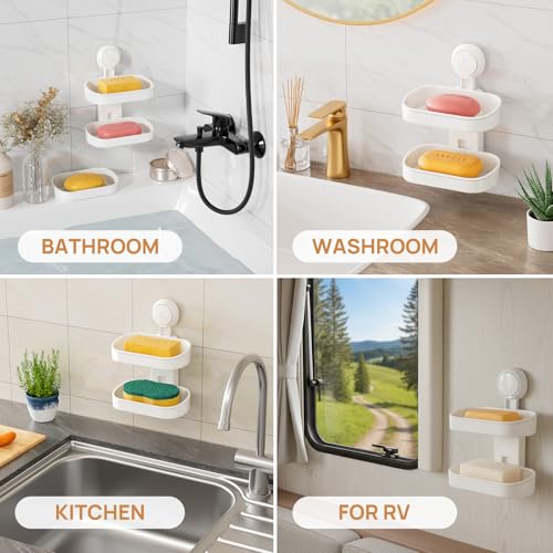 LEVERLOC Soap Dish Holder for Shower, Double Layer Suction Cup Wall Mounte Self Draining Removable Waterproof Strong Suction Bar Soap Holder for Shower, White - style: 2 tiers White