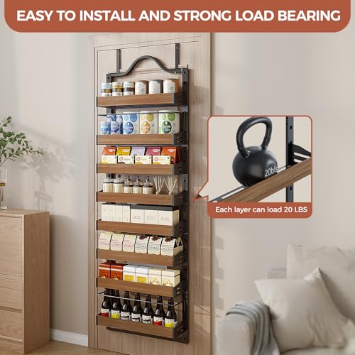 8-Tier Spice Rack Wall Mount, Heavy-Duty Over the Door Pantry Organizer with Wooden Adjustable Basket, 2 IN 1 Wall Mount or Hanging Pantry Door Organizer,Door Spice Rack for Pantry, Black - color: Black