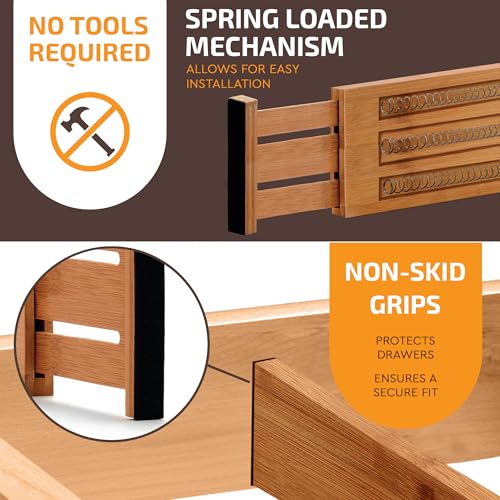 6-Pack Drawer Dividers - 4 Inches High, Adjustable 11 to 17 Inches Bamboo Drawer Organizers, Large Deep Expandable Separators for Clothes, Dresser, Bedroom, Bathroom, Baby, Office, Kitchen Utensils - color: Bamboo, size: 4-Inch High