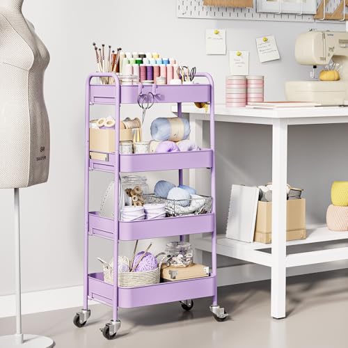 TOOLF 4-Tier Rolling Cart - Metal Storage Organizer with Lockable Wheels, 44 lbs Per Shelf Capacity, Tool-Free Assembly, for Kitchen Bathroom Office Laundry Room Nursery, Purple - color: Purple, size: 4-Tier