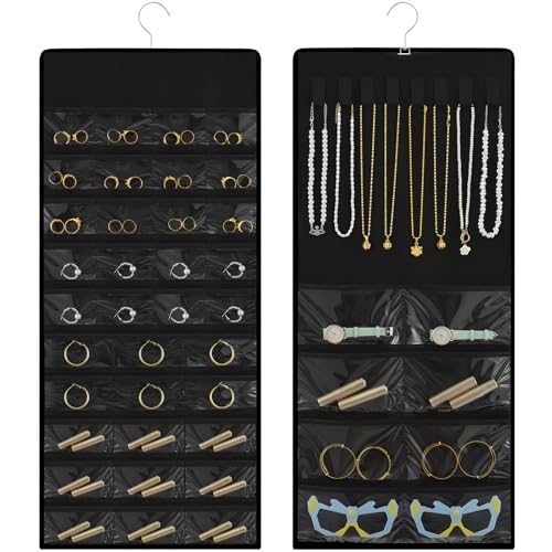 Hanging Jewelry Organizer with Multi-size pockets Double-Sided Jewelry Holder for Earrings, Necklaces, Rings on Closet, Wall, Door,Jewelry Organizer Hanging for Closet, Black - color: black