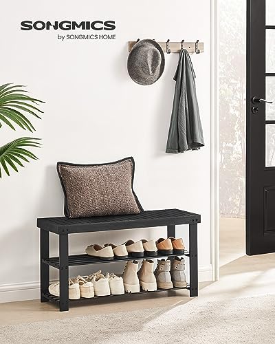 SONGMICS Shoe Rack Bench, 3-Tier Bamboo Shoe Storage Organizer, Entryway Bench, Holds Up to 286 lb, 11.3 x 35.4 x 17.8 Inches, for Entryway Bathroom Bedroom, Ink Black ULBS90B33 - color: Ink Black, size: 35.4"W