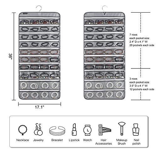 80 Zippered Pockets Hanging Jewelry Organizer for Holding Jewelries Dual-Sided Accessory Display Holder for Earrings Bracelets Rings (80 Zippered Pockets-Grey) - color: 80 Zippered Pockets-Grey