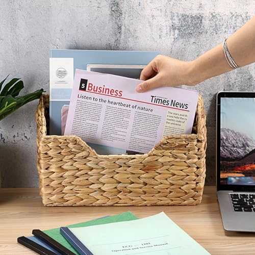 BTSKY Woven Hanging Magazine Holder, Water Hyacinth Magazine Basket, Wall Mounted Storage Basket for Books & Files, Wall File Organizer Magazine Rack with Handle for Home & Office - 13.2x2.8x8.9 Inch