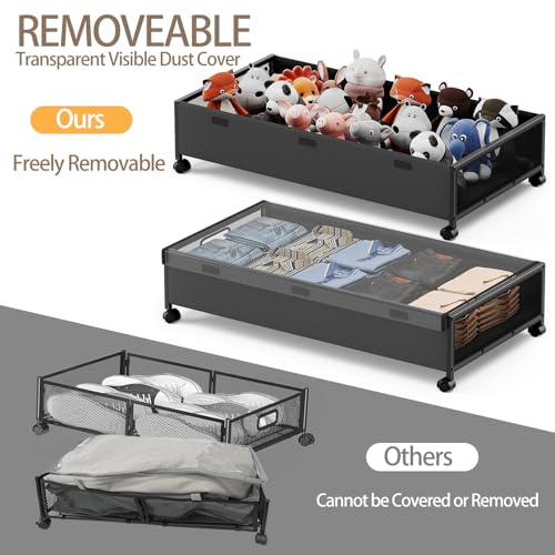 KITHELP Under Bed Storage Containers with Wheels, 2 Pack Underbed Shoe Storage Organizer with Removable Lids, Large Rolling Under Bed Storage Dresser Drawers for Clothes Toys Shoes Blankets - color: Black-2pack