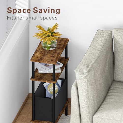 Narrow Side Table with Fabric Basket, End Table for Small Spaces, Slim Nightstand with 3-Tier Storage Shelf, Sofa Beside Table, for Living Room, Bed Room, Rustic Brown - color: Rustic Brown