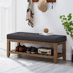 24KF Large Rectangular Upholstered Tufted Linen Fabric Ottoman Bench, Padded Bench with Solid Wood Shelf-Charcoal - color: Charcoal-bench, size: 16"D x 44"W x 18"H