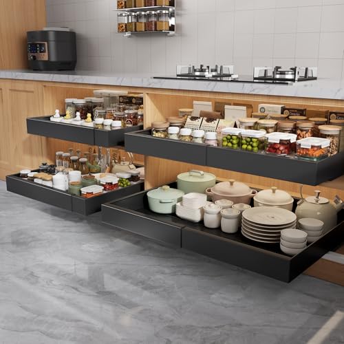 Seinloes 4 Pack Pull Out Cabinet Organizers 21" Deep With Raising Pad for Framed Cabinets, Expandable Width (15.2"-26.3") Slide Out Drawers Upgrade 3 Slide Rails, Roll Out Shelves Adhesive, Black - color: Black, size: 15.2"-26.3"Wide x 21"Deep(4 Pack)