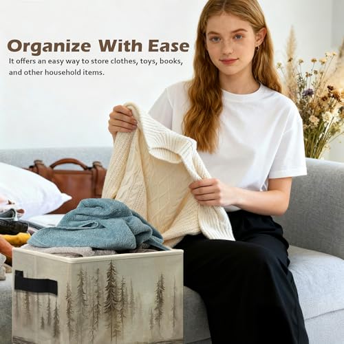 Misty Forest Pine Tree Storage Box Bins, Vintage Neutral Nature Forest Lake Collapsible Storage Basket Organizer for Bedroom Laundry Room Home Clothes Toys Books, Toybox for Girls Boys - color: Floral T