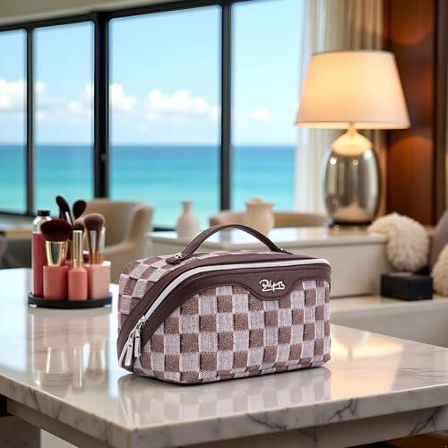 BOYATU Travel Makeup Bag for Women: Large Cosmetic Bag Set of 3 - PU Leather Make up Bag with Compartments - Compact Waterproof Toiletry Bag with Divider & Handle (D-3-Brown) - color: D-3-Brown