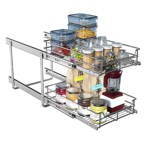 JOWBOOW 2-Tier Cabinet Pull Out Shelves (14" W x 22" D), Slide Out Shelves for Kitchen Cabinets, Metal Under Cabinet Roll Out Shelf - size: 14 X 22 Inch