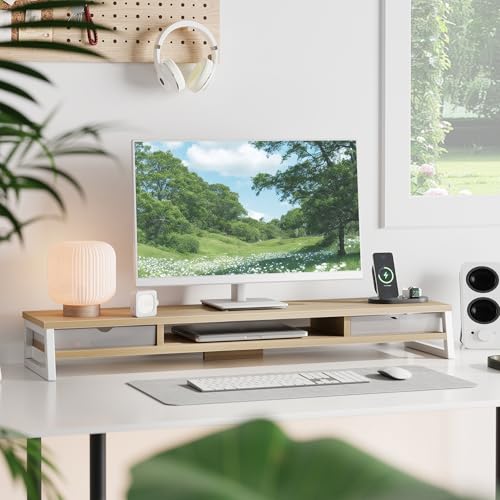 Fenge Dual Monitor Stand, Monitor Riser with Drawer, 42.5 Inch Large Computer Monitor Stand for 2 Monitors, 2 Tier Wooden Desk Shelf for Top of Desk - color: Oak