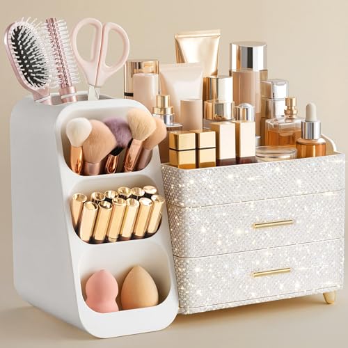 HBlife Makeup Organizer with Brush Holder for Vanity, Large Plastic Bathroom Countertop Organizer Skin Care Storage, Easy to Store Nail Polishes, Perfumes, Eyeshadow Palettes, Pearl All White - color: Pearl All White, size: Large