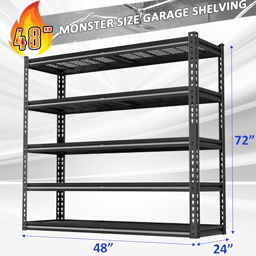 48" W Garage Shelves, 5-Tier Heavy Duty Garage Shelving Load 3030LBS, Adjustable Metal Storage Shelves, Wire Shelving for Warehouse,Industrial,Workshop,Basement, 48" W x 24" D x 72" H - color: Black-visible Hole, size: 48" W x 24" D x 72" H