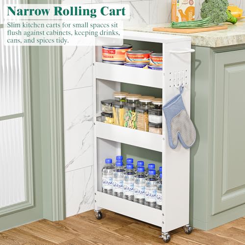 XYZLVSI Slim Storage Cart, 4 Tier Rolling Kitchen Cart on Wheels for Small Space, Narrow Laundry Bathroom Organizers Mobile Shelving Unit Metal Utility Cart with Handle, 5.9in Width, White - size: 5.9IN-White