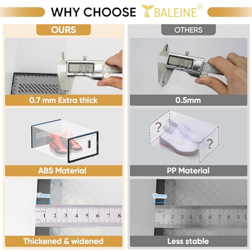 BALEINE 3 Pack Stackable Shoe Storage Boxes Fit Size 9, Thickened Clear Shoe Box Bins with Lids, Plastic Foldable Shoe Rack Organizer Sneaker Storage Containers (Large, White) - color: White, size: Large Fits Size 9-3PK