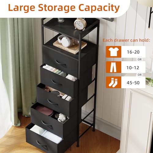 Somdot Tall Dresser for Bedroom, 5 Drawers Nightstand Vertical Storage Tower Unit, Night Stand Furniture with Fabric Drawer Organizer in Bedside Hallway, Entryway, Kids Room, Closet, Black - color: Black, size: 11.4"D x 15.2"W x 42.1"H (5 Drawers)