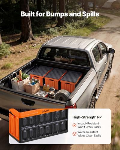 VEVOR Plastic Collapsible Storage Bins with Lids, 45L 3Packs, Stackable Folding Storage Crates with Handles, Holds 44 lbs Per Bin, Heavy Duty Containers, Space-Saving Baskets, for Home Organizing - size: 45L-Orange-3PC