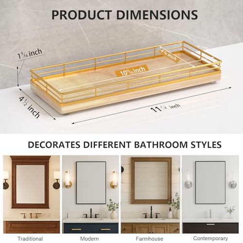 Bathroom Tray for Counter Top Organizer – Oak Wood Vanity Tray with Metal Frame for Dresser, Kitchen, Nightstand – Gold & Oak Decorative Storage - color: Gold & Oak, size: 11" x 4.5" x 1.5"