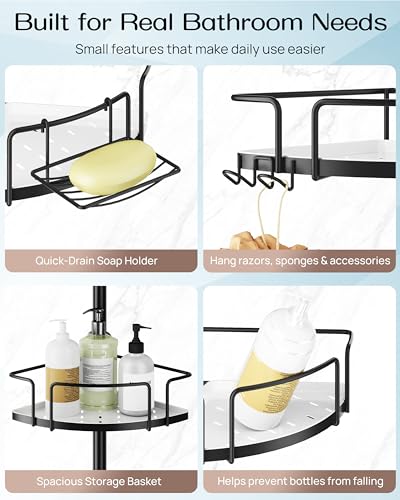 ALLZONE Corner Shower Caddy Tension Pole, 4 Hang-On Basket with Mixed-Height Shelves for Various Bottle Sizes, Extra Hooks & Soap Holder, Rustproof Stainless Steel, Fits 34–116 Inch, Black/White - color: Black/White