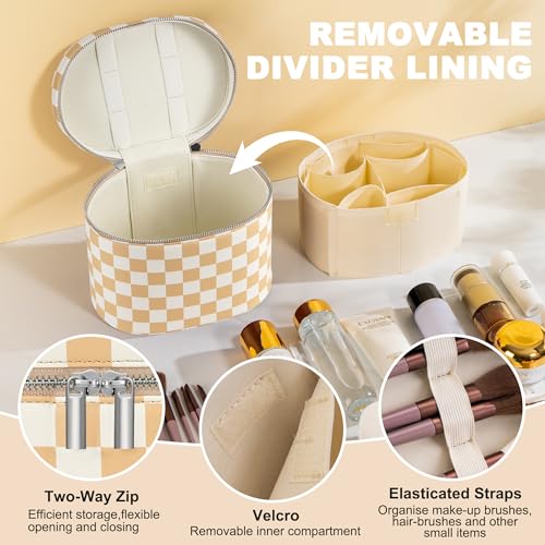 Makeup Bag Vanity Case Cosmetic Bag with Removable Divider Travel Toiletry Bag for Women Portable Make up Box Organizer, Beige and White - color: Beige and White