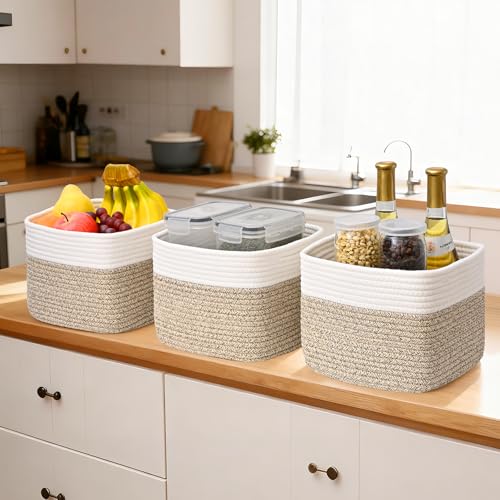 3 Pack Cube Storage Bin, 9”x9”x7” Cotton Rope Woven Baskets for Organizing Toys Clothes Towels, Square Gift Storage Baskets for Shelves, Nursery, Closet, Bathroom, Pantry (White & Jute) - color: White & Jute, size: 9" x 9" x 7"