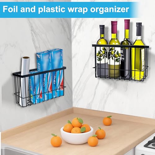 Wall Organizer Baskets, Lid Organizers Inside Cabinet with 2 Caddy Adhesive, Cabinet Door Organizer with 2 Sponges, 4 Hooks, Cabinet Door Storage for Foil Aluminum Roll, Black, 2 Pack (Small, Medium) - color: Black (Small+Medium)