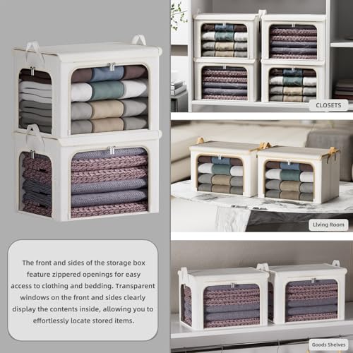 4 Pack Clothes Storage Bins with Metal Frame - 66L Stackable Storage Box with Lid，Foldable Storage Container Organizer for Clothes，Linen Fabric Storage Box with Clear Window＆Zippers＆Handles - color: Light Grey, size: 67L