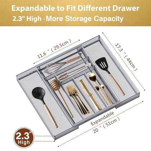 Sedegn Silverware Organizer Metal Mesh, Large Drawer Organizer, Utensil Cutlery Tray for kitchen drawers, Expandable Flatware Organizer with 8 Compartment Silver 11.6"~20" x 17.3" - color: Silver, size: Expandable 11.6"~20" x 17.3"