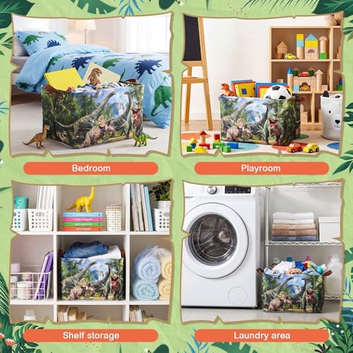 Capoda Dinosaur Toy Box Chest with Leather Handle - Collapsible Sturdy Dinosaur Toy Chest Basket, Rectangular Dino Storage Organizer Box Bin for Playroom, Bedroom, Nursery, Living Room (Forest,1 Pack)