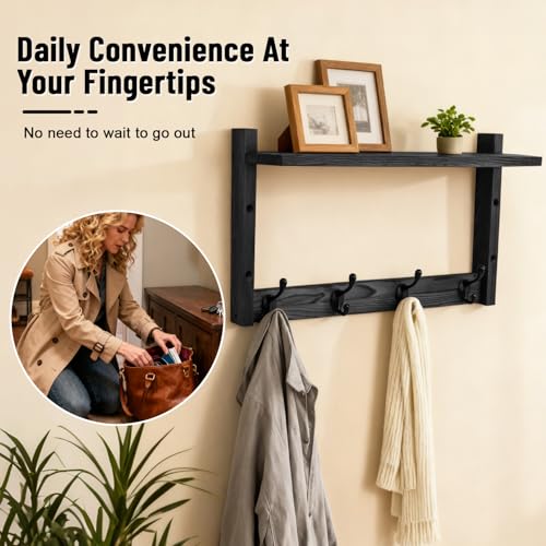 28" Coat Rack Wall Mount with Shelf, Entryway Key Holder Wall Mount Wood Wall Coat Hooks with 7 Hooks 3 Key Hanger, Wall Mounted Coat Rack Mail Holder for Living Room, Bedroom - color: Black, size: 28 inch