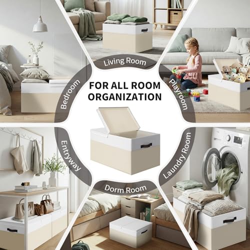 2 Pack EXTRA LARGE Blanket Storage Baskets with Lids, 22”x16”x12” Closet Organizers Bins for Clothes Towel/ Toy Storage Box with Lid Handles/ Stackable Decorative Fabric Bins for Living Room, Nursery - color: White with Beige