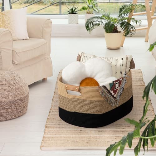 danpinera Large Woven Basket, 108L Large Blanket Basket for Living Room, Nursery, Cotton Woven Hamper for Toy Organizing & Laundry, 25’’*16’’*16’’ Gradient Linen - color: Gradient linen, size: 108L