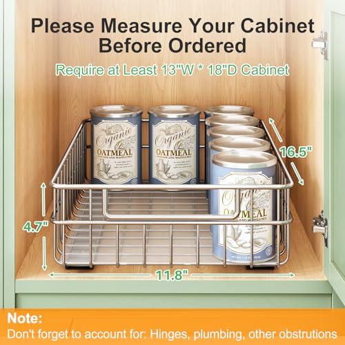 Stainless Steel Pull Out Cabinet Organizer(11.8"W x 16.5"D x 4.7"H)-1 Pack, Minimalist Design Frame, Full-Extension Slide Rails, Easy Installation for Pantry Organizers or Kitchen Cabinet Organizer