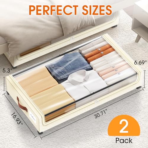 SpaceHacks Under Bed Storage with Wheels 2Pack Underbed Storage with Clear Window&Label Under Bed Drawers Large Capacity Rolling Under Bed Storage for Clothes,Shoes, Blankets (Beige) - color: Beige, size: 2 pack