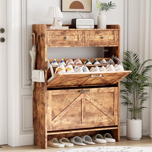Shoe Cabinet with 2 Flip Drawers & 2 Top Drawers, 43" Tall Freestanding Narrow Wooden Shoe Storage Organizer for Entryway, Hidden Slim Shoe Rack for Front Door Entrance, Hallway, Living Room, Brown - color: Brown, size: 2 Flip Drawers
