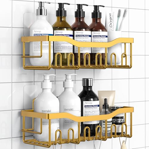 EUDELE Shower Caddy 2 Pack, Adhesive Organizer for Bathroom Storage, Home Decor & Kitchen, No Drilling, Rustproof Stainless Steel Shelf, Bathroom Decor Sets - color: Bright Gold