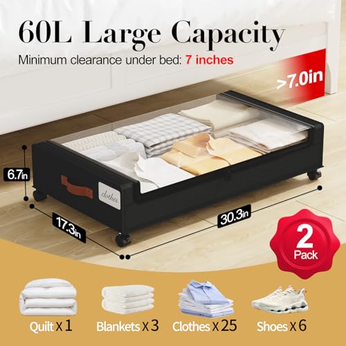 Yecaye Under Bed Storage with Wheels, 2 Pack Under the Bed Storage Containers with Lids & Label, XXL 60L Rolling Underbed Storage Drawers for Clothes, Blankets, Shoes, Black - color: Black, size: 2 Pack