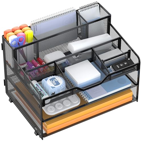 Docnest 3 Tier Mesh Desk Organizer for Paper Office Supplies – Multi-Functional Letter Tray with 5 Adjustable Compartments, 3 Pen Holders, Desktop Storage for Files, Mail, Stationery – Black - color: Black, size: 12.7" x 9.1" x 8.6"
