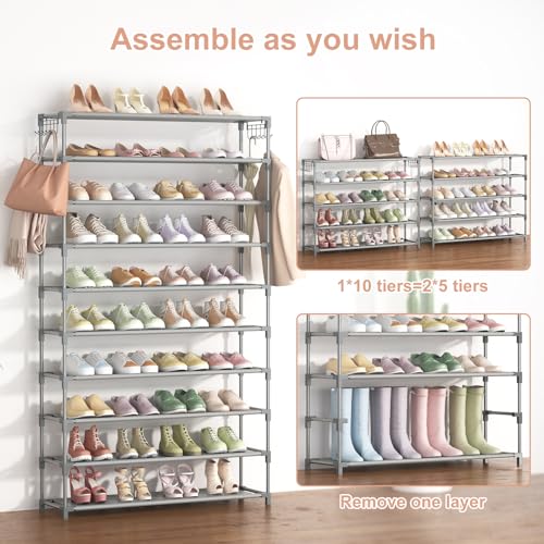 LANTEFUL 10 Tiers Shoe Rack 50 Pairs Large Capacity Tall Shoe Organizer Sturdy Shoe Storage with Two Hooks Space Saving Metal Wide Shoe Rack for Closet, Entryway, Bedroom, Grey - color: Grey, size: 10 Tier-61.2" High-34" Wide