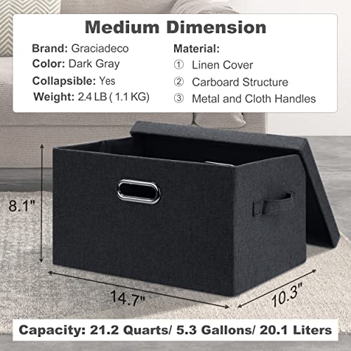 Graciadeco Medium 15" 21 Quart Collapsible Stackable Storage Bins with Lids, 5 Packs Dark Gray Foldable Fabric Closet Storage Boxes with Lids, Lidded Heavy-duty Linen Baskets(15x11x8) - color: Dark Gray, size: Medium -5 Pack