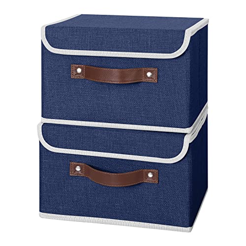 ANMINY 2PCS Storage Bins with Lid PU Leather Handles Storage Boxes PP Plastic Board Decorative Foldable Lidded Cotton Linen Fabric Home Cubes Baskets Closet Organizer Containers - Blue, Small Size - color: Blue, size: Small (Pack of 2)