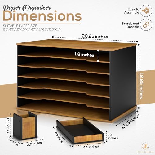 Wooden Paper Organizer 20.25"W x 12.25"H x 13.25"D, 6-Tier Storage for 12"x18" & 11"x17" Sheets, Includes Matching Pen Holder & Tray, Ideal for Office, Home, Art Room and Classroom - size: full set 20.25"W x 12.25"H x 13.25"D